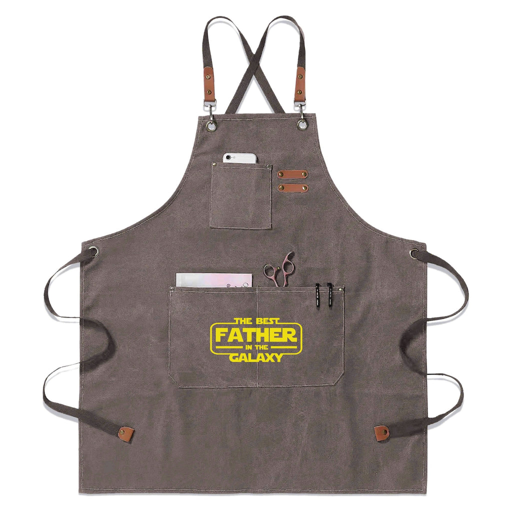 The Best Father In The Galaxy Unisex Canvas Cross Back Chef Apron with Large Pockets Gray Canvas Apron Dad Printed Offshore