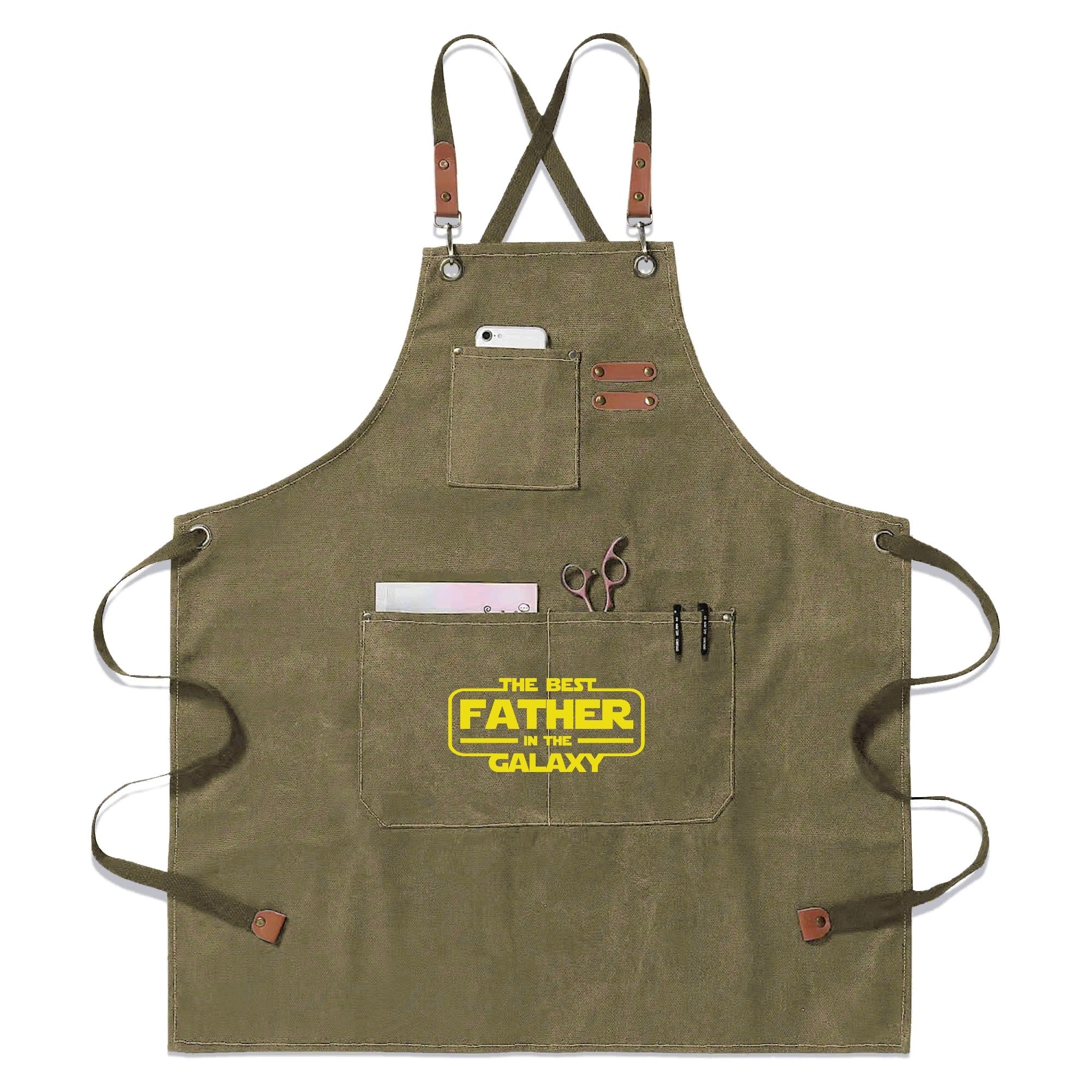 The Best Father In The Galaxy Unisex Canvas Cross Back Chef Apron with Large Pockets Olive Canvas Apron Dad Printed Offshore