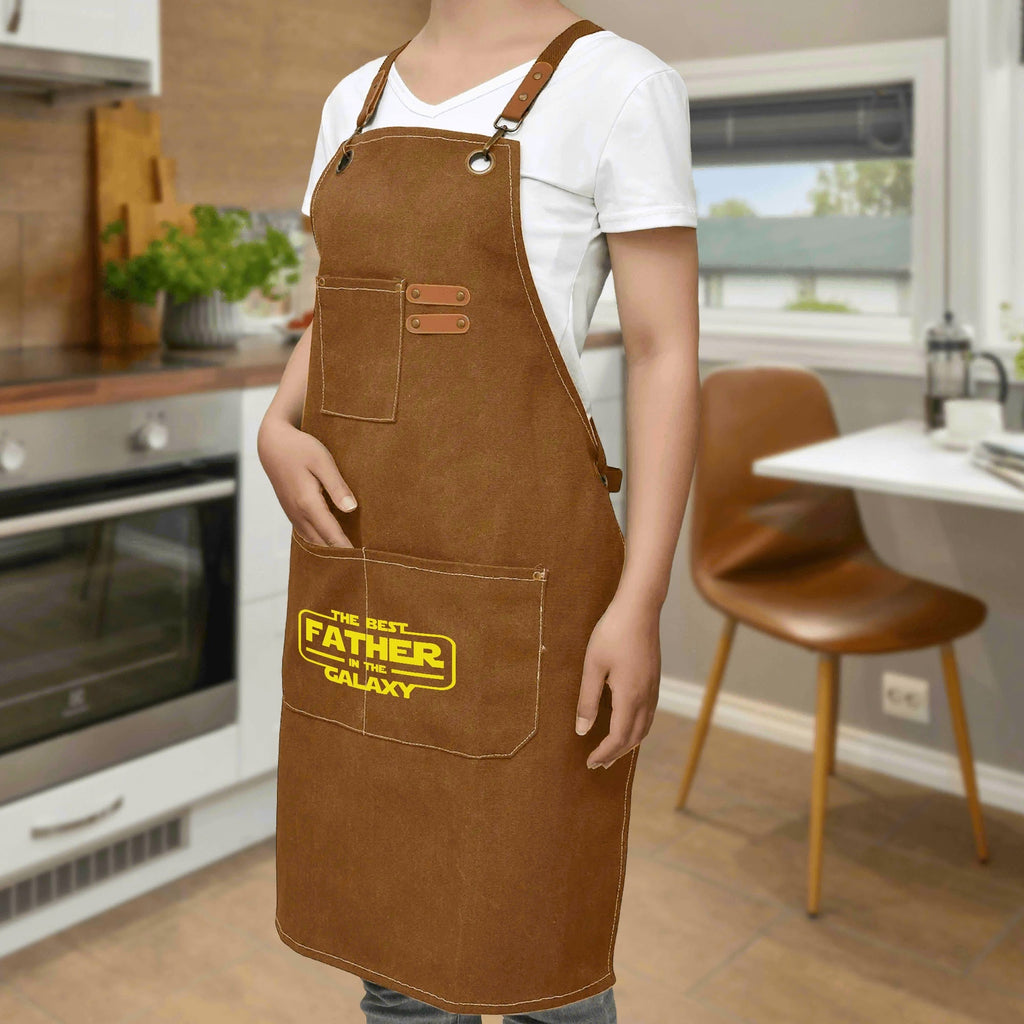 The Best Father In The Galaxy Unisex Canvas Cross Back Chef Apron with Large Pockets Canvas Apron Dad Printed Offshore