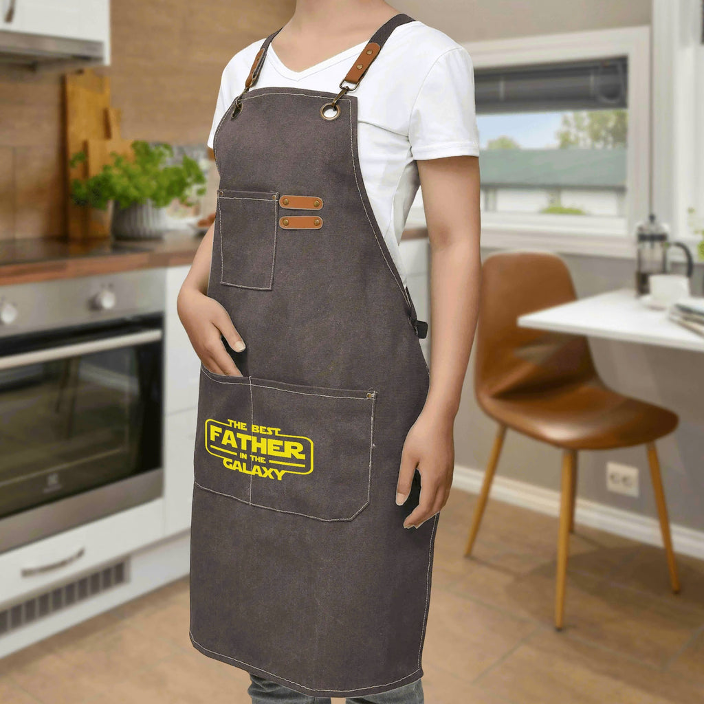 The Best Father In The Galaxy Unisex Canvas Cross Back Chef Apron with Large Pockets Canvas Apron Dad Printed Offshore
