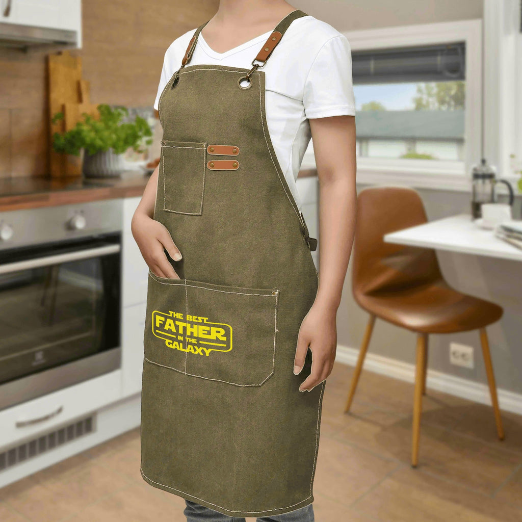 The Best Father In The Galaxy Unisex Canvas Cross Back Chef Apron with Large Pockets Canvas Apron Dad Printed Offshore