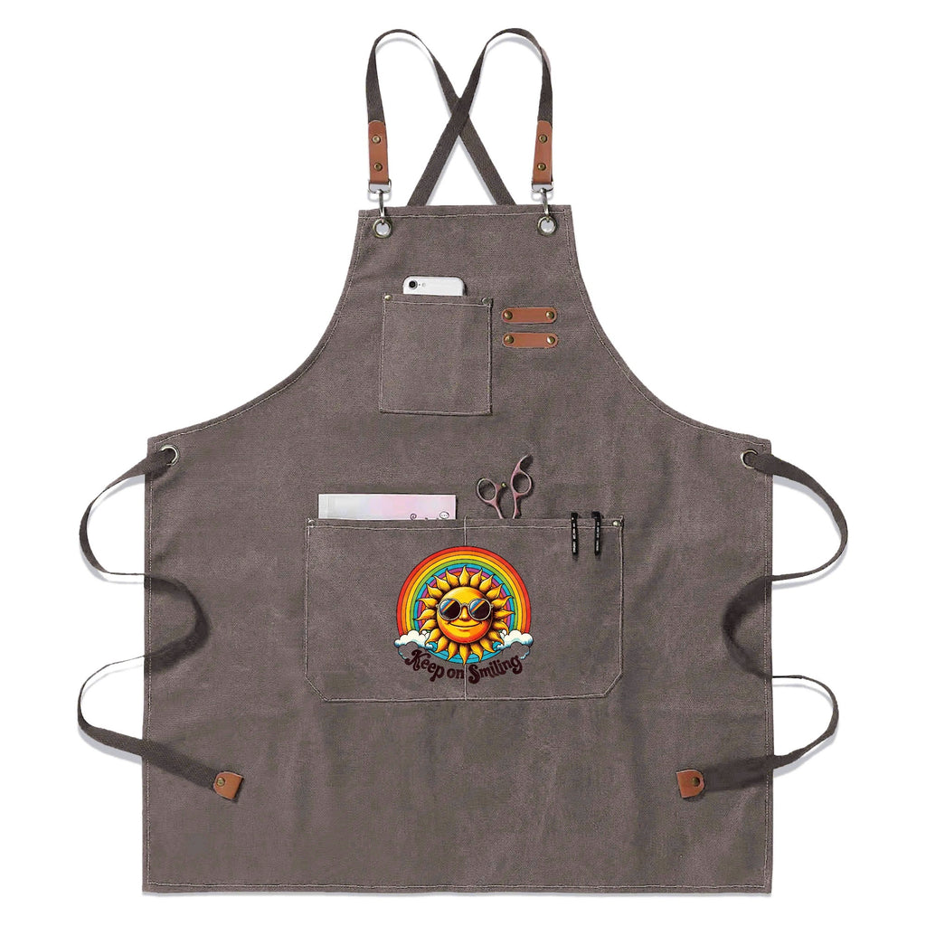 Groovy Sun Keep On Smiling Unisex Canvas Cross Back Chef Apron with Large Pockets Gray Canvas Apron Positivity Printed Offshore