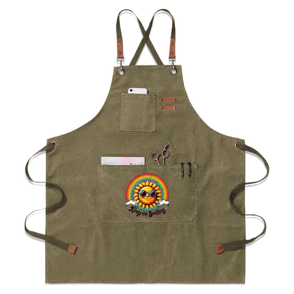Groovy Sun Keep On Smiling Unisex Canvas Cross Back Chef Apron with Large Pockets Olive Canvas Apron Positivity Printed Offshore