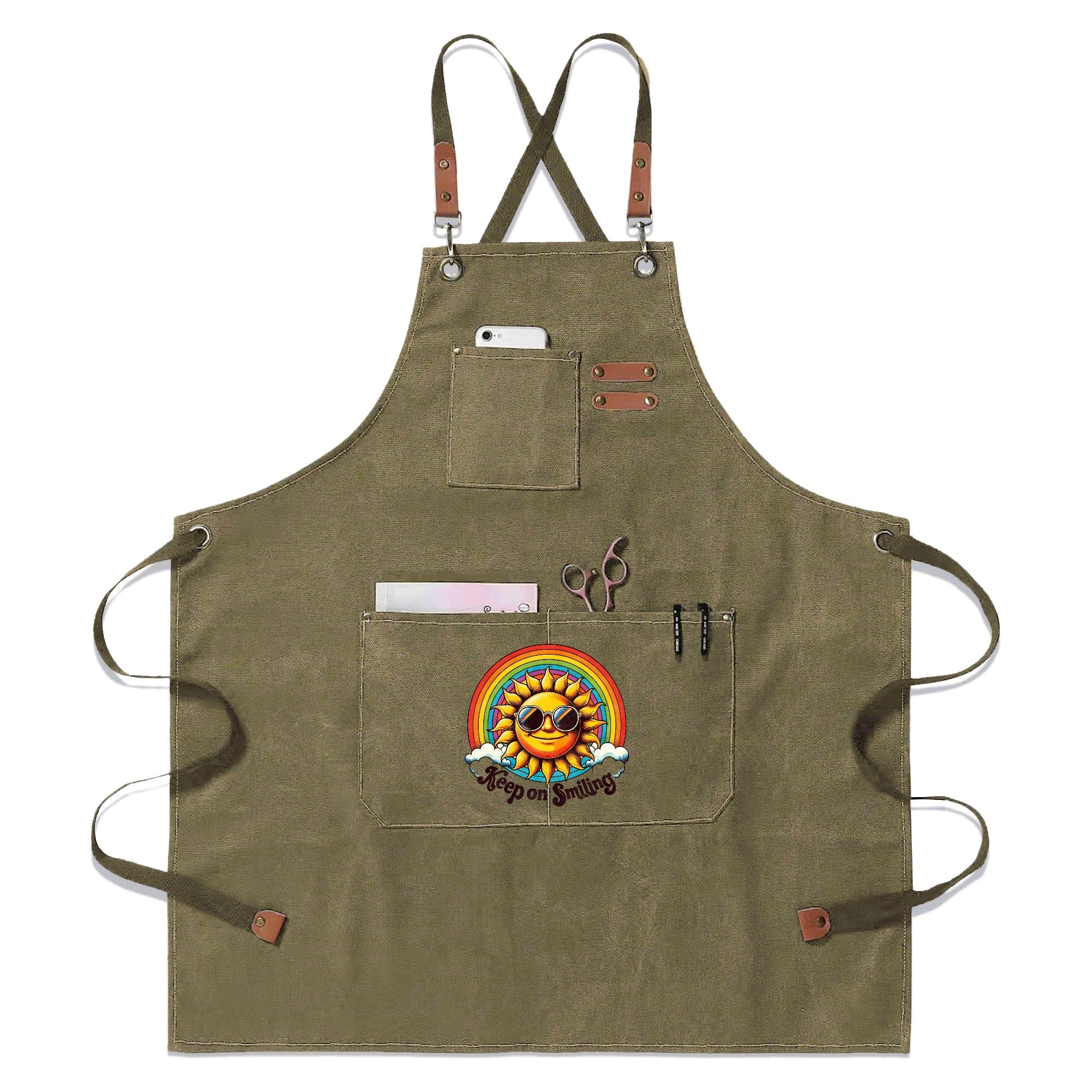 Groovy Sun Keep On Smiling Unisex Canvas Cross Back Chef Apron with Large Pockets Olive Canvas Apron Positivity Printed Offshore