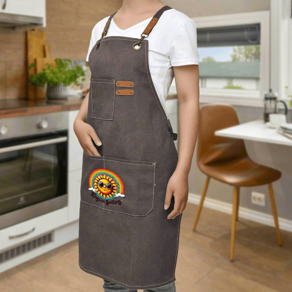 Groovy Sun Keep On Smiling Unisex Canvas Cross Back Chef Apron with Large Pockets Canvas Apron Positivity Printed Offshore
