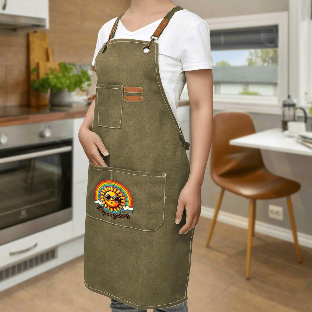 Groovy Sun Keep On Smiling Unisex Canvas Cross Back Chef Apron with Large Pockets Canvas Apron Positivity Printed Offshore