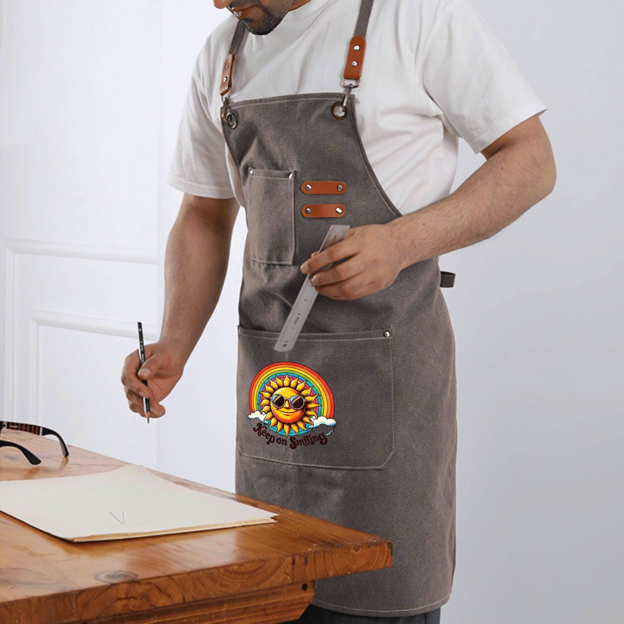 Groovy Sun Keep On Smiling Unisex Canvas Cross Back Chef Apron with Large Pockets Canvas Apron Positivity Printed Offshore
