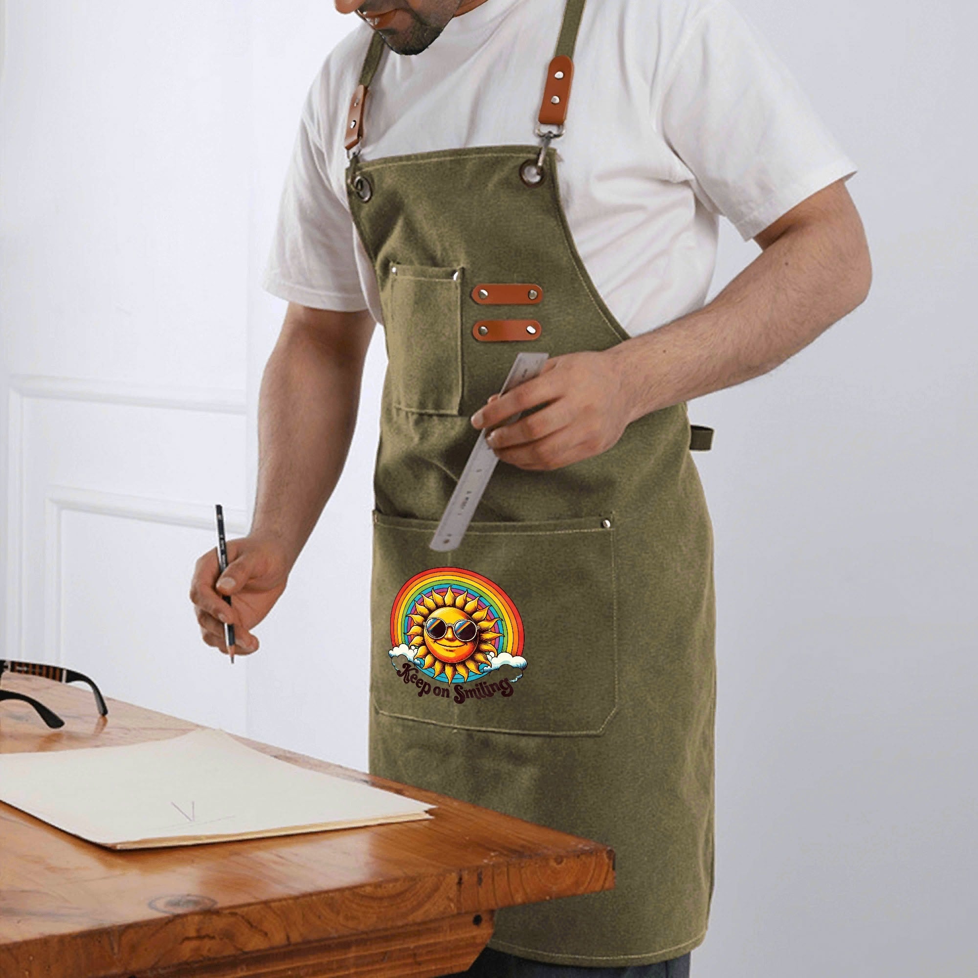 Groovy Sun Keep On Smiling Unisex Canvas Cross Back Chef Apron with Large Pockets Canvas Apron Positivity Printed Offshore