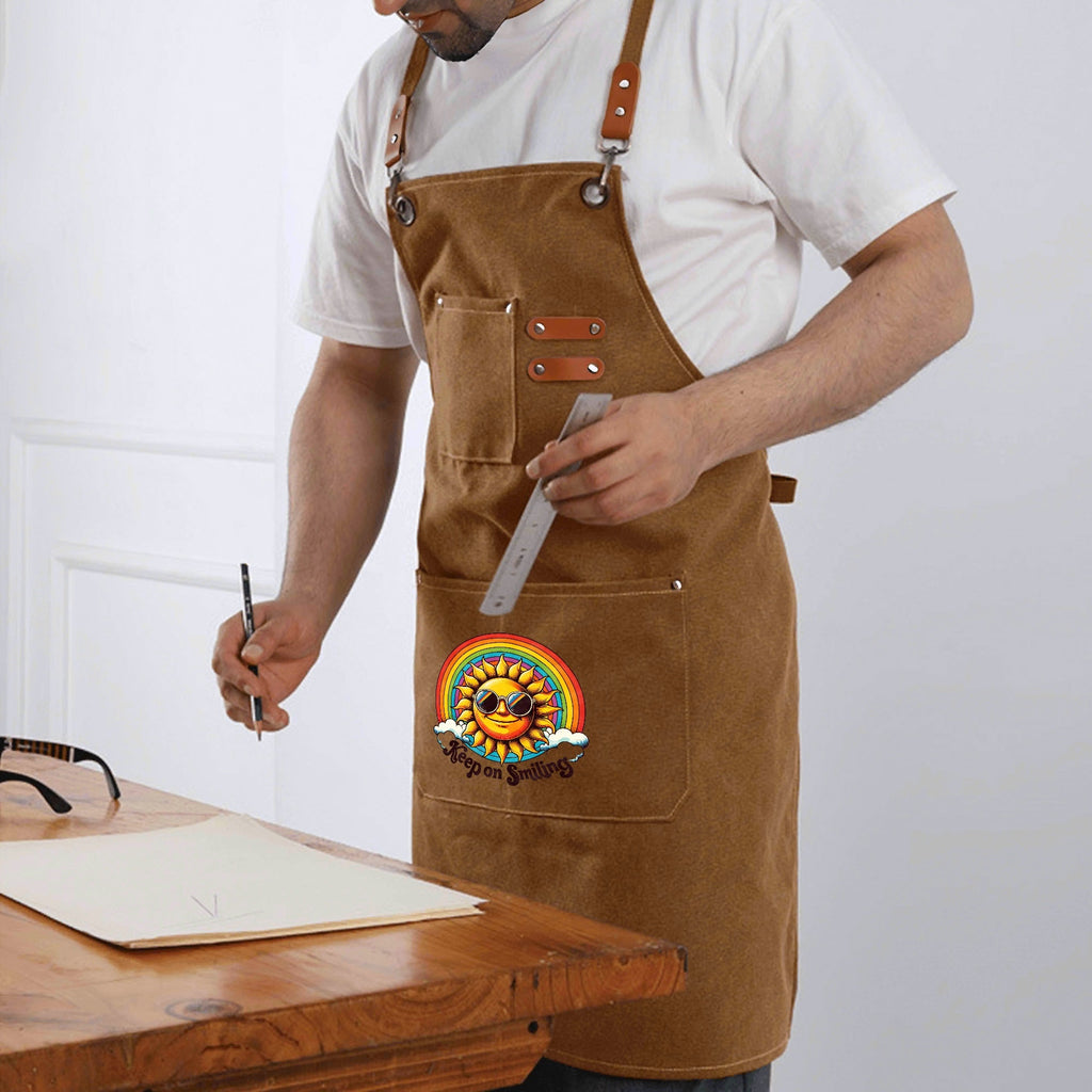 Groovy Sun Keep On Smiling Unisex Canvas Cross Back Chef Apron with Large Pockets Canvas Apron Positivity Printed Offshore