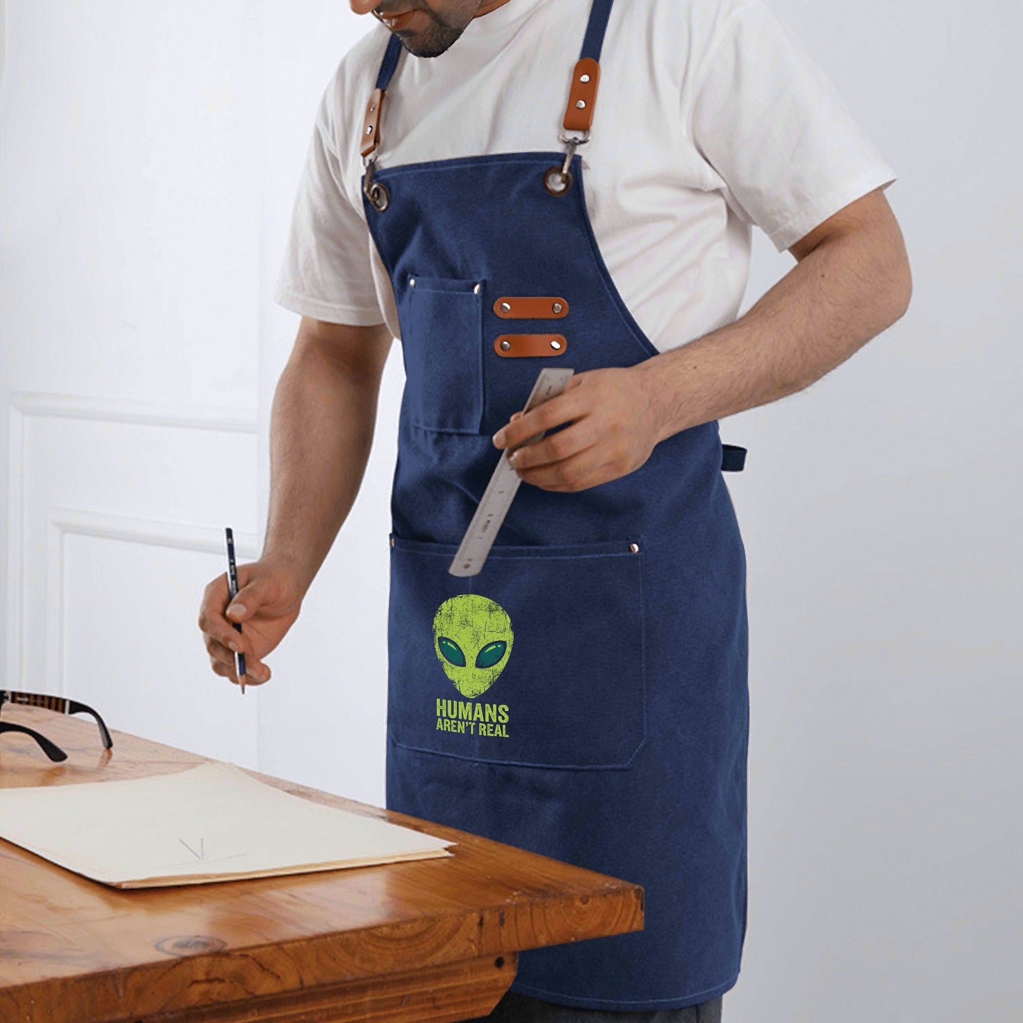 Alien Humans Arent Real Unisex Canvas Cross Back Chef Apron with Large Pockets Canvas Apron Printed Offshore Sci Fi