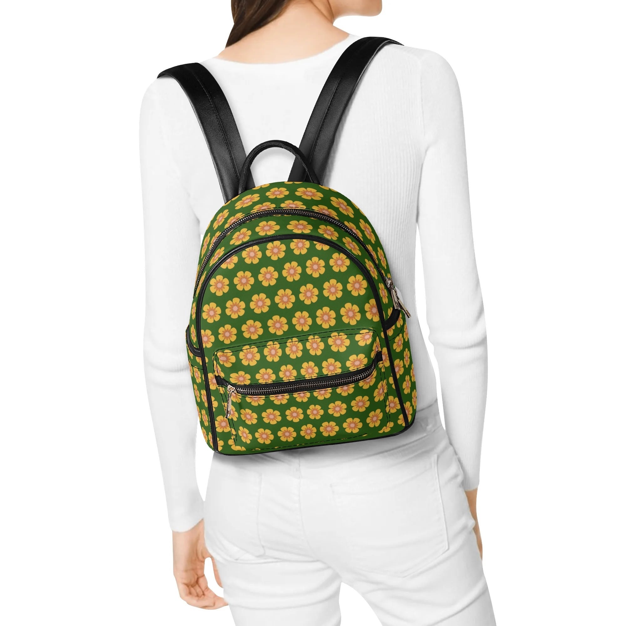 Yellow Flowers On Green Casual PU Leather Backpack Default Title Casual PU Leather Backpack Printed Offshore