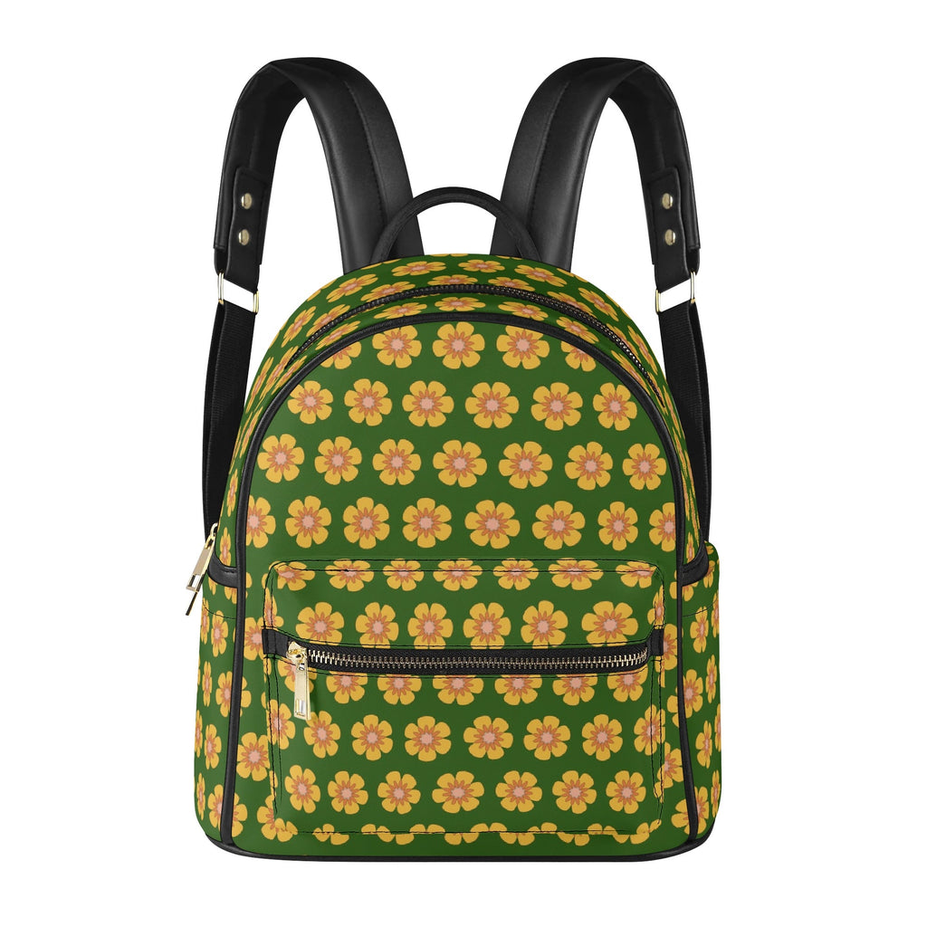 Yellow Flowers On Green Casual PU Leather Backpack Casual PU Leather Backpack Printed Offshore
