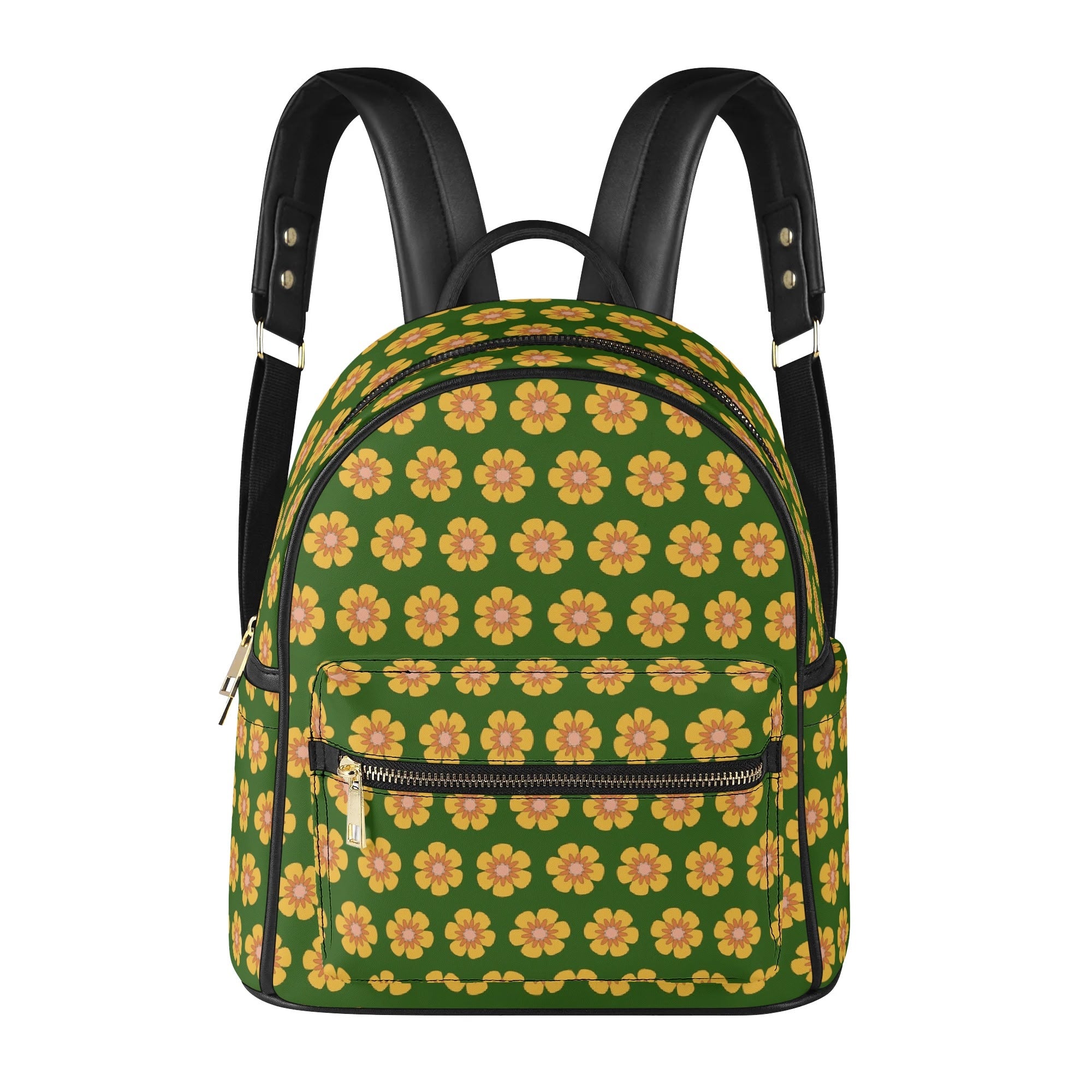 Yellow Flowers On Green Casual PU Leather Backpack Casual PU Leather Backpack Printed Offshore