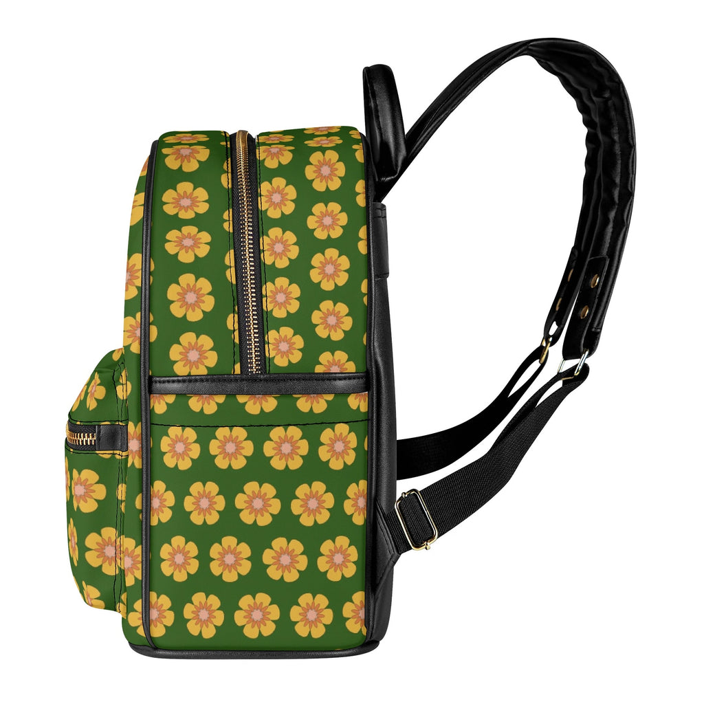 Yellow Flowers On Green Casual PU Leather Backpack Casual PU Leather Backpack Printed Offshore