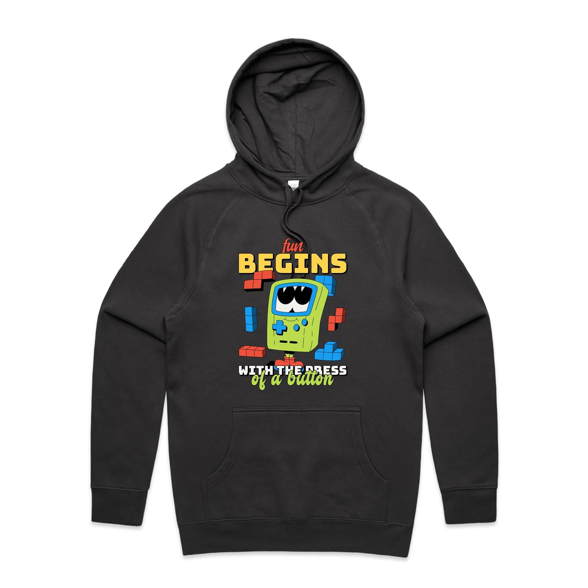 Fun Begins With The Press Of A Button, Games - Mens Hoodie Coal Mens Hoodie Games Printed In Australia