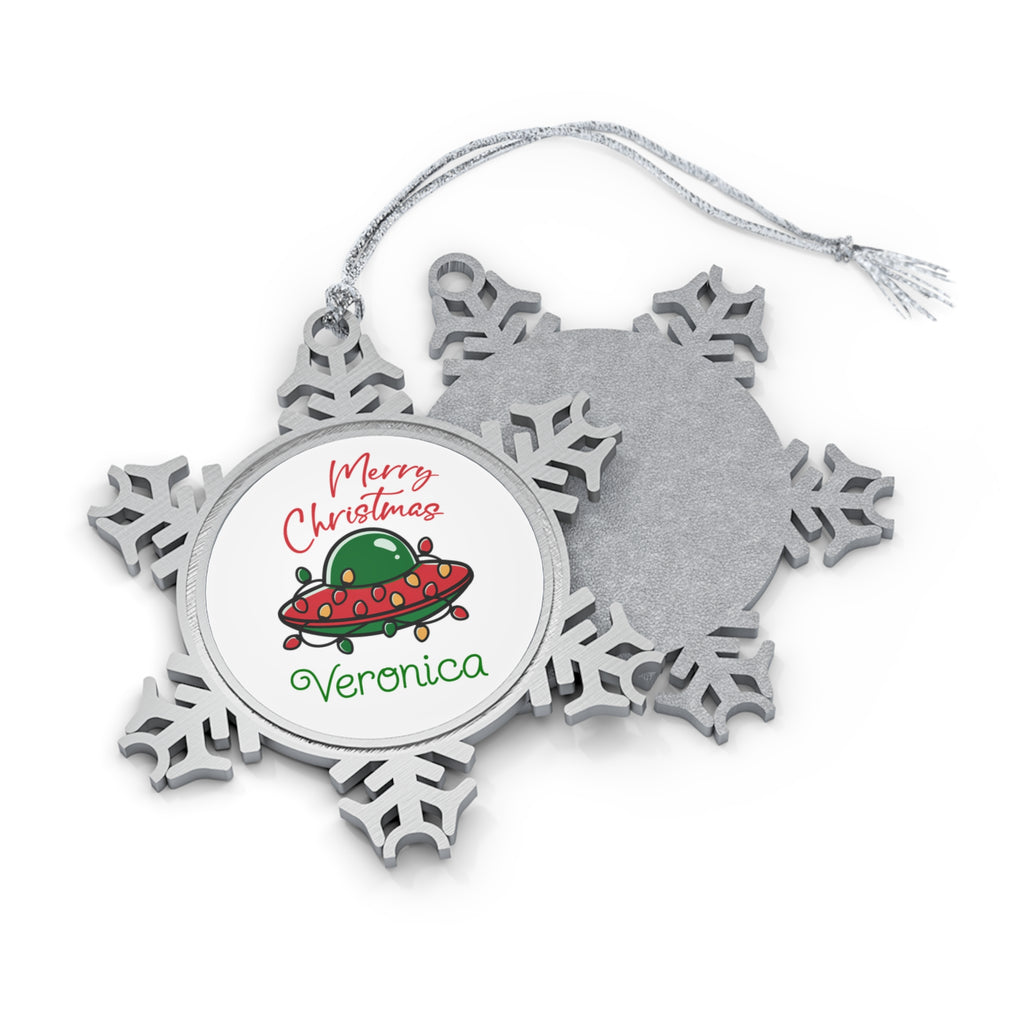 Personalised - UFO, Merry Christmas - Christmas Pewter Snowflake Ornament