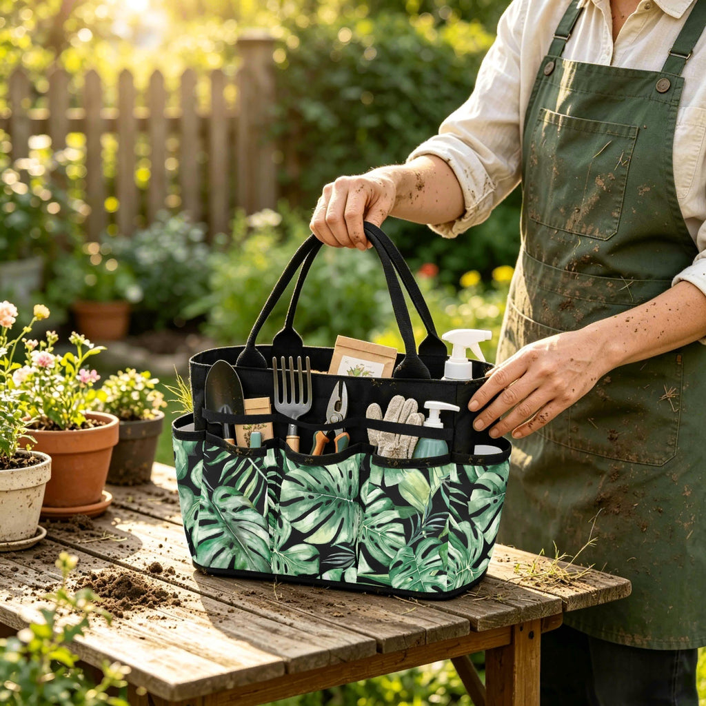 Jungle Leaves Garden Tool Bag, Personalised Multi Pocket Tote, Duty Tool Caddy Default Title Multifunction Gardening Tool Bag Printed Offshore