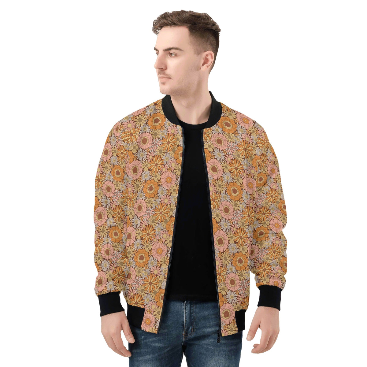 Orange Retro Floral Men's Zip Up Bomber Jacket Mens Zip Up Bomber Jacket Printed Offshore