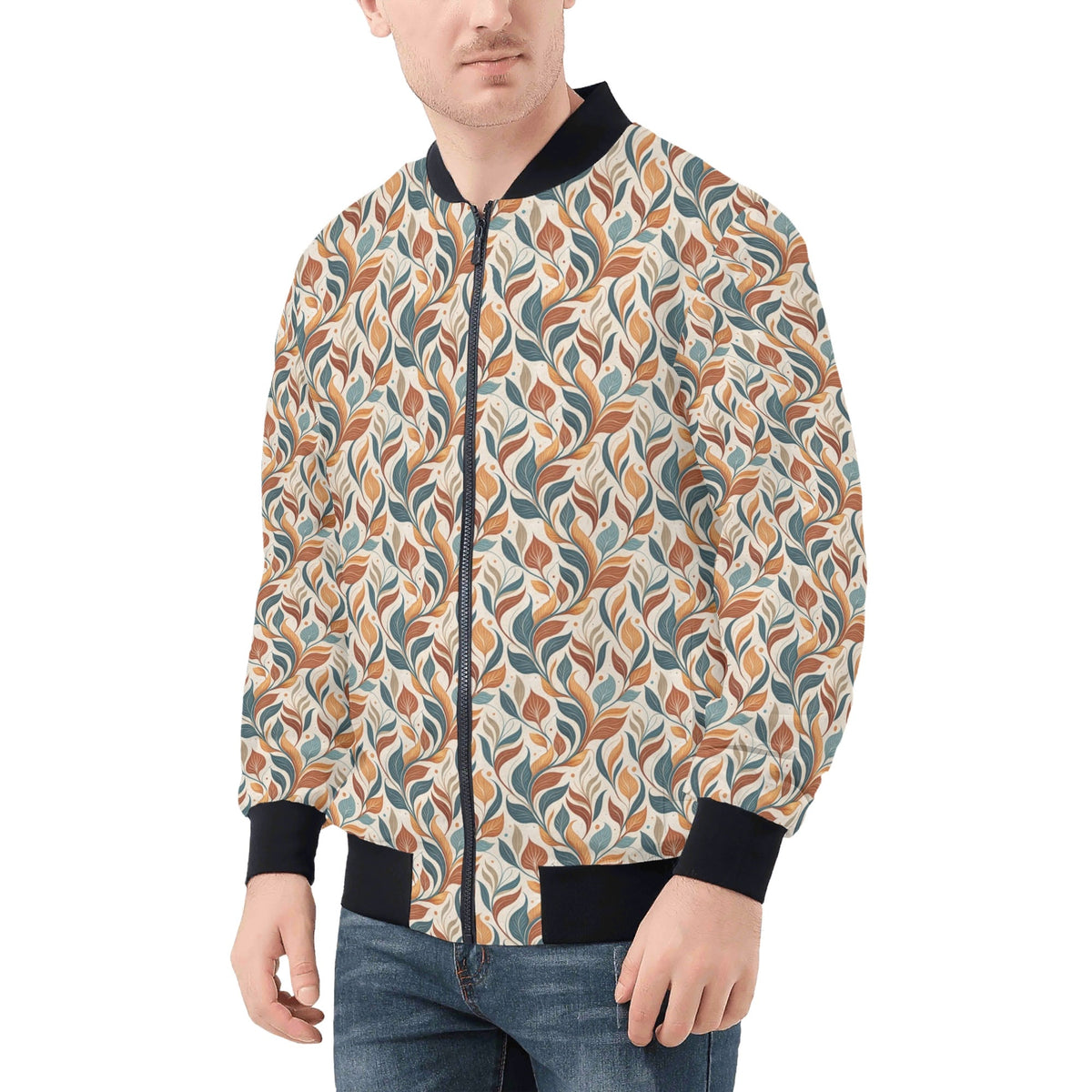 Whimsical Leaf Swirl Mens Zip Up Bomber Jacket Mens Zip Up Bomber Jacket Printed Offshore