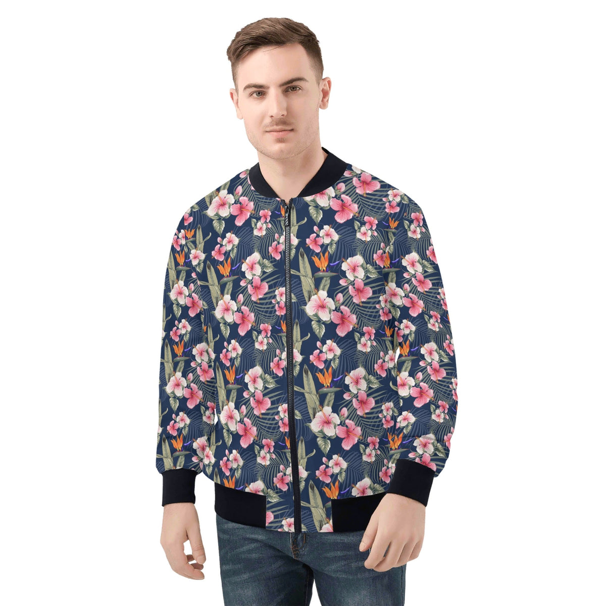 Dark Hawaiian Floral Mens Zip Up Bomber Jacket 4XL Mens Zip Up Bomber Jacket Printed Offshore