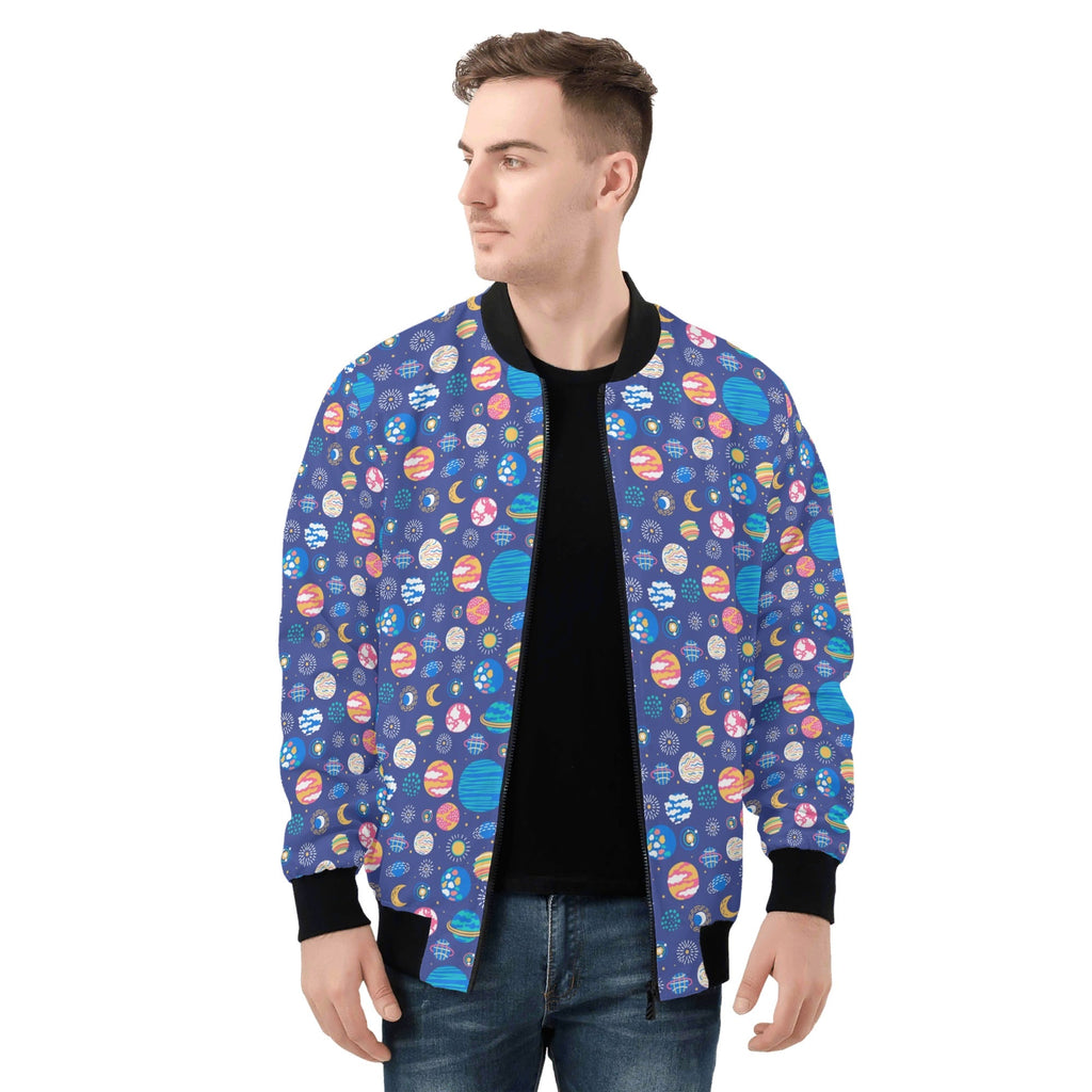 Planets On Blue Mens Zip Up Bomber Jacket Mens Zip Up Bomber Jacket Printed Offshore