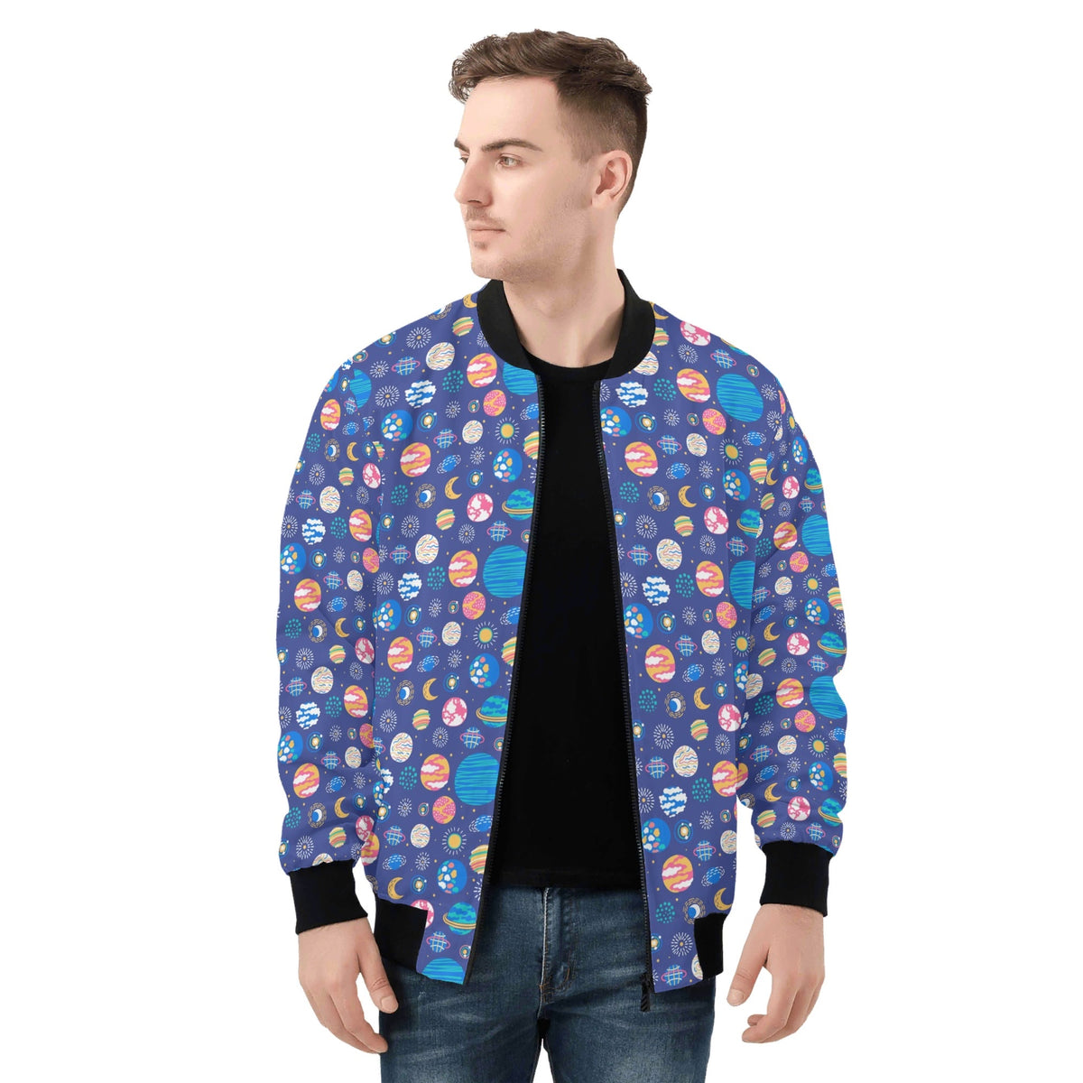 Planets On Blue Mens Zip Up Bomber Jacket Mens Zip Up Bomber Jacket Printed Offshore
