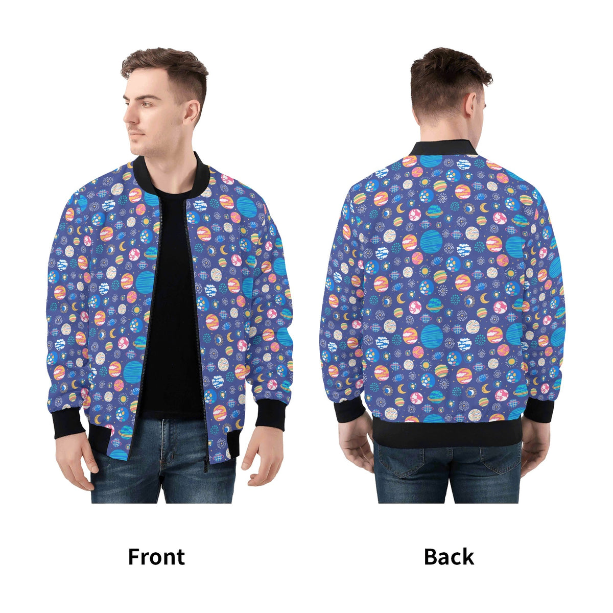 Planets On Blue Mens Zip Up Bomber Jacket Mens Zip Up Bomber Jacket Printed Offshore