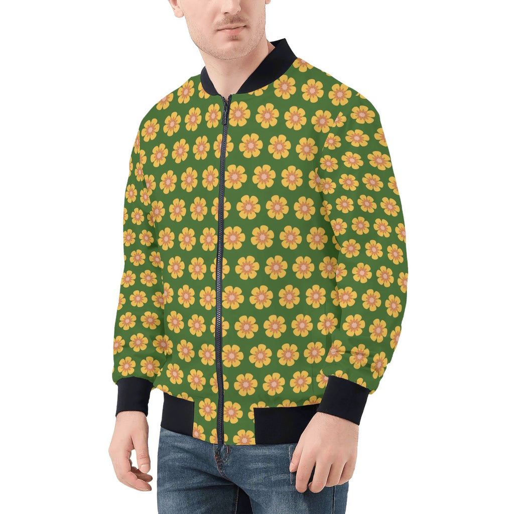 Yellow Flowers On Green Mens Zip Up Bomber Jacket Printed Offshore