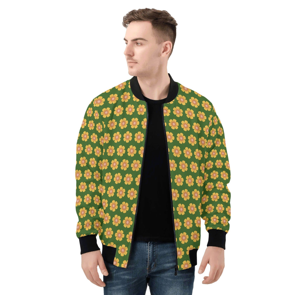 Yellow Flowers On Green Mens Zip Up Bomber Jacket Printed Offshore