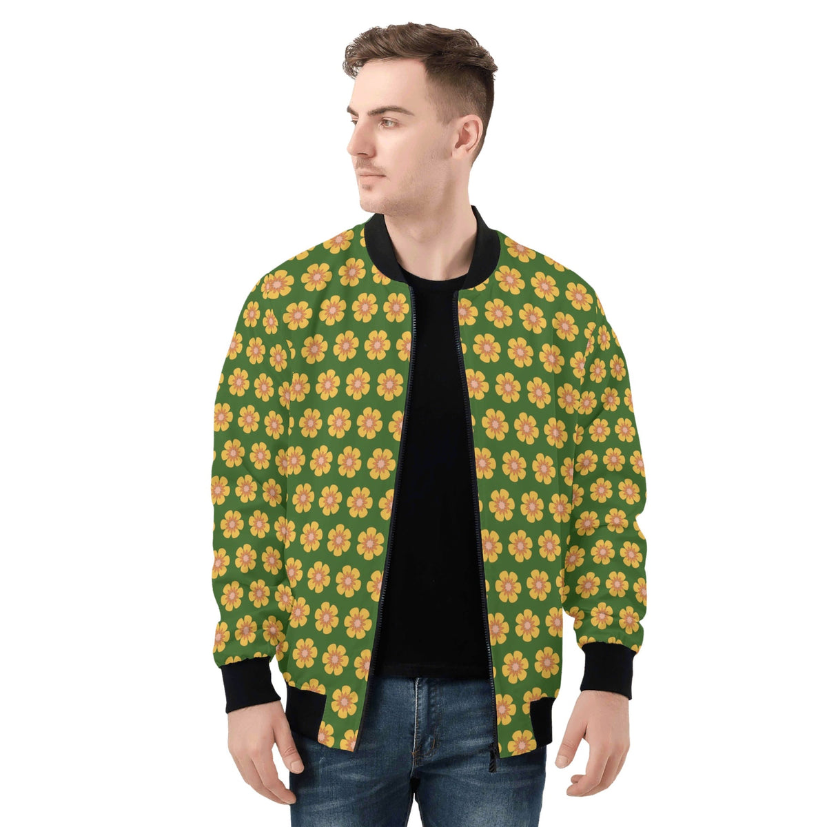 Yellow Flowers On Green Mens Zip Up Bomber Jacket Printed Offshore