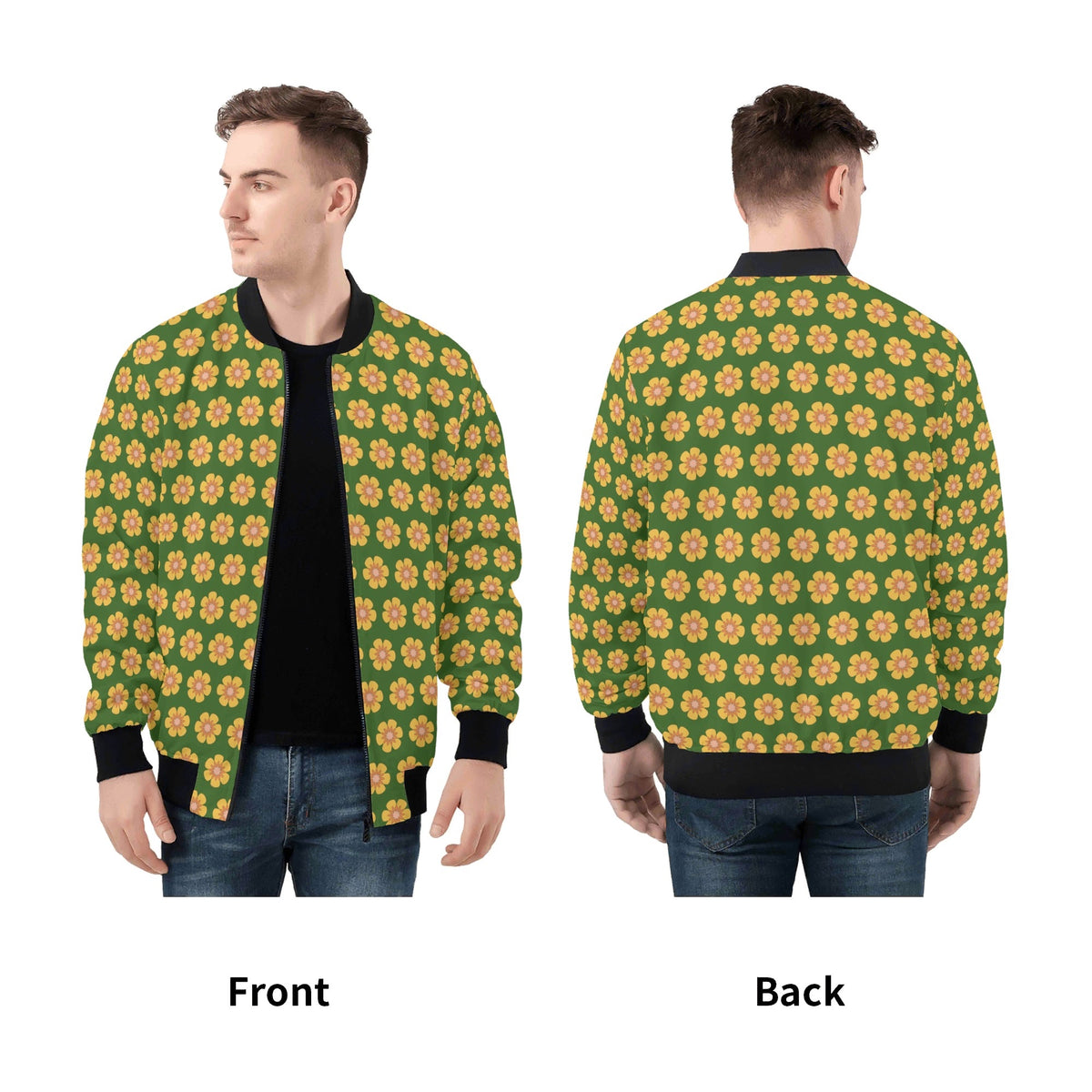 Yellow Flowers On Green Mens Zip Up Bomber Jacket Printed Offshore