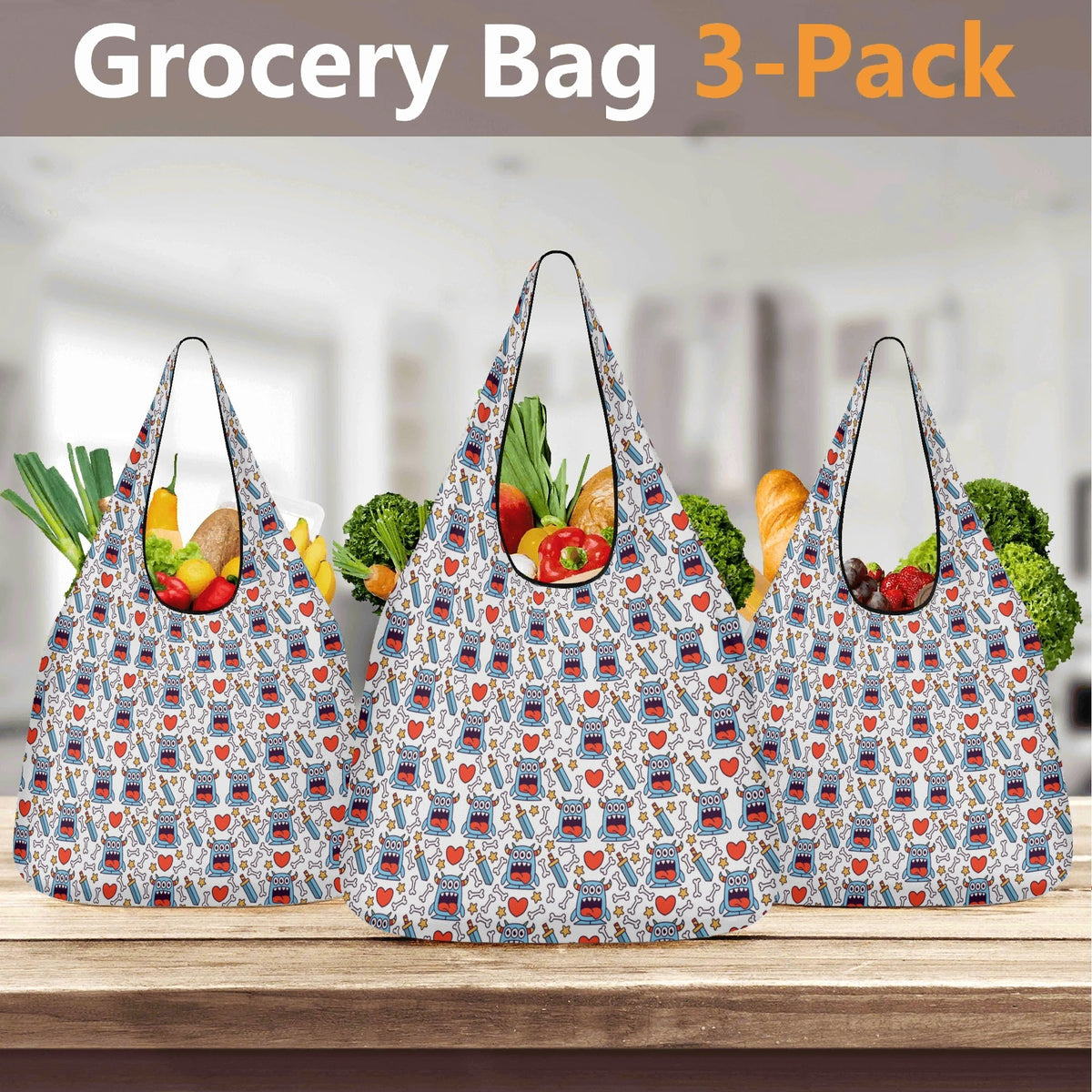 Silly Monsters 3 Pack of Foldable Shopping Bags Printed Offshore