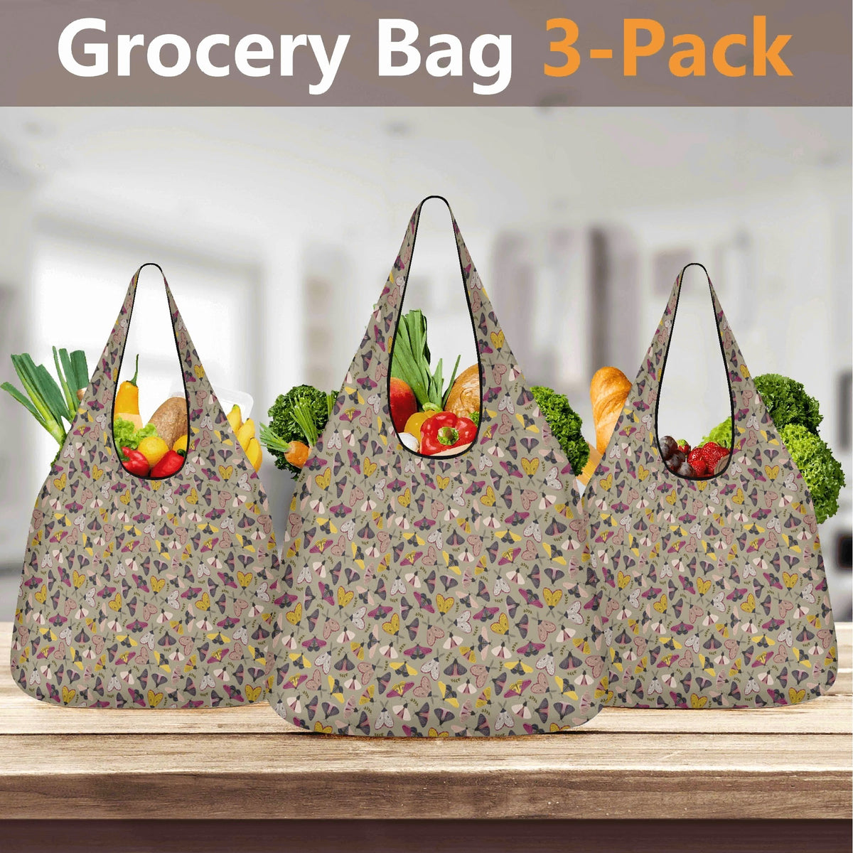 Pretty Moths 3 Pack of Foldable Shopping Bags Printed Offshore