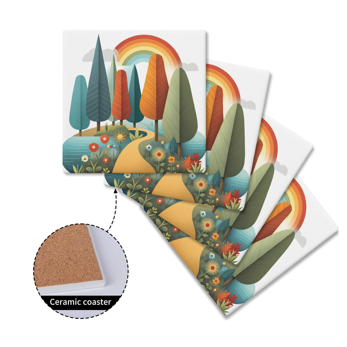 Colourful Trees Square Ceramic Coasters 4 Pcs Square Ceramic Coaster 4pcs Printed Offshore