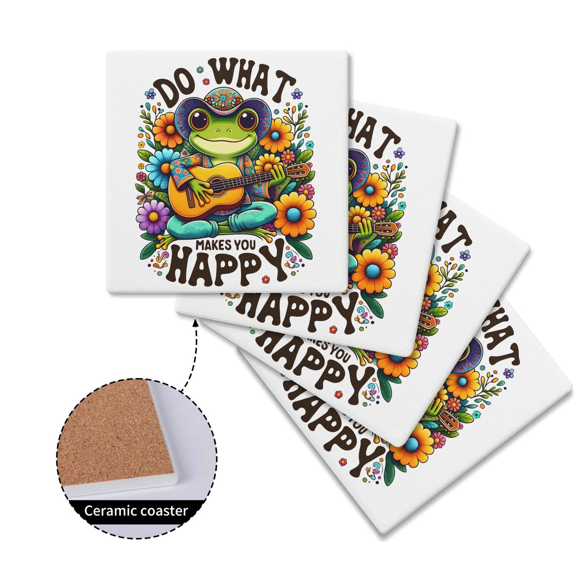 Guitar Frog Do What Makes You Happy Square Ceramic Coasters 4 Pcs Square Ceramic Coaster 4pcs Printed Offshore