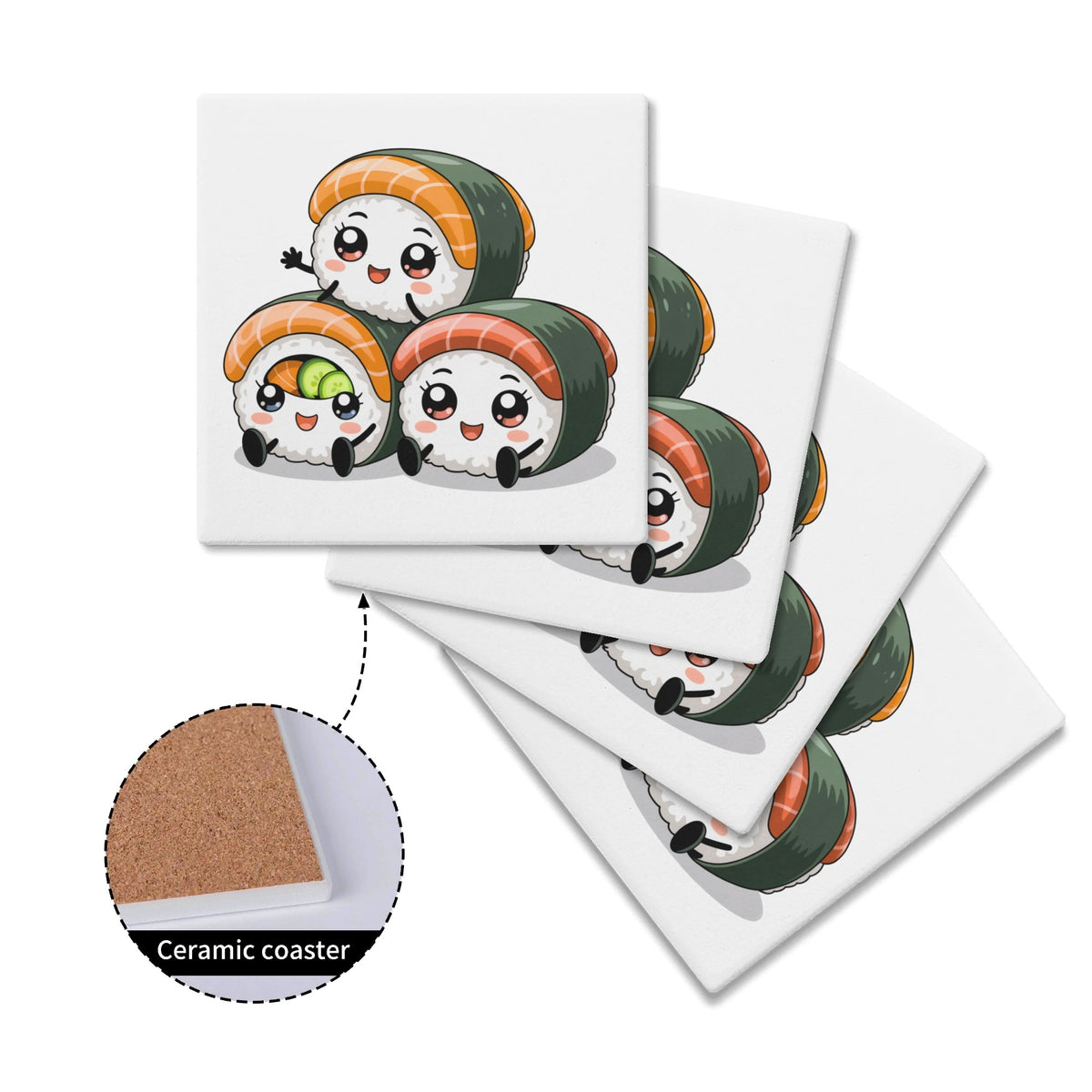 Cute Sushi Square Ceramic Coasters 4 Pcs Square Ceramic Coaster 4pcs Printed Offshore