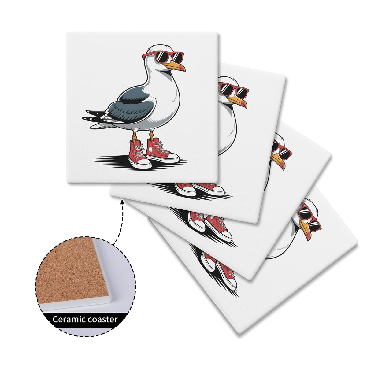Seagull With Sunglasses And High Tops Square Ceramic Coasters 4 Pcs Square Ceramic Coaster 4pcs Printed Offshore