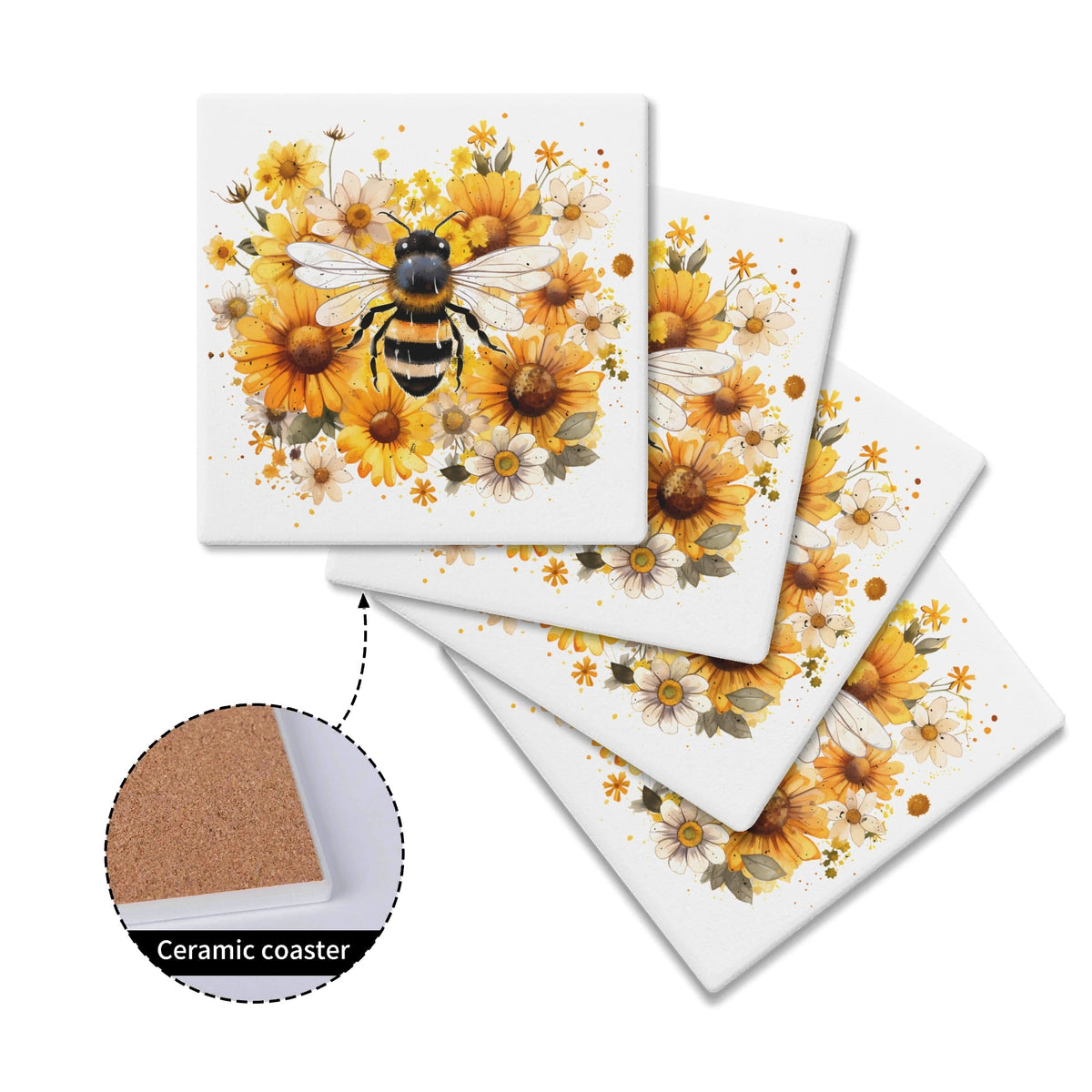 Bee On Flowers Square Ceramic Coasters 4 Pcs Square Ceramic Coaster 4pcs Printed Offshore