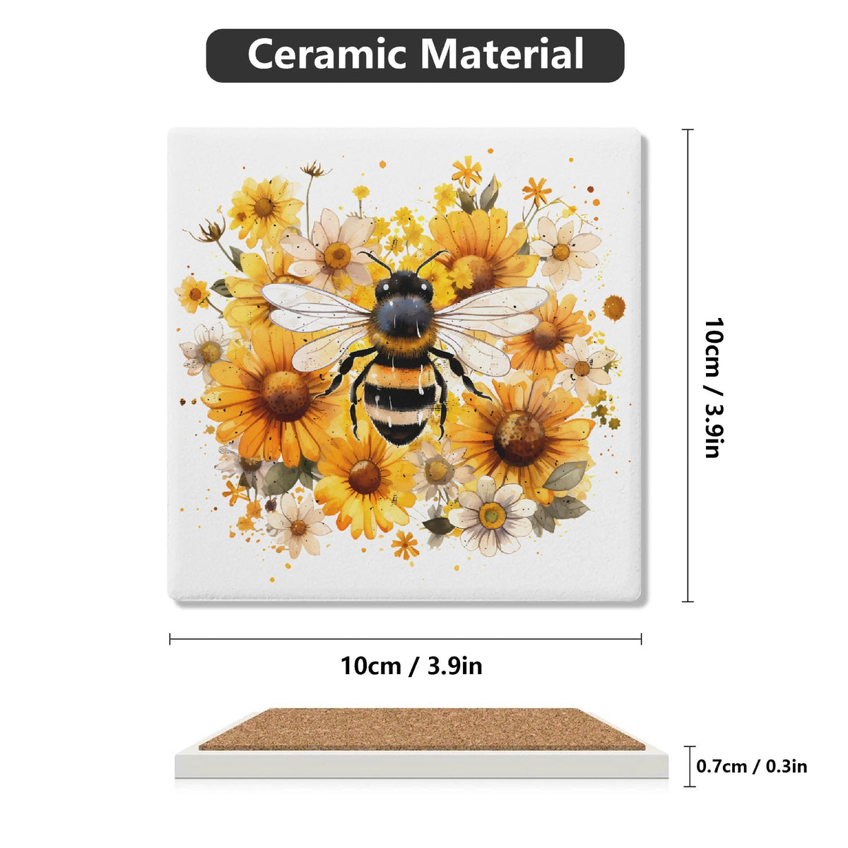 Bee On Flowers Square Ceramic Coasters 4 Pcs Square Ceramic Coaster 4pcs Printed Offshore