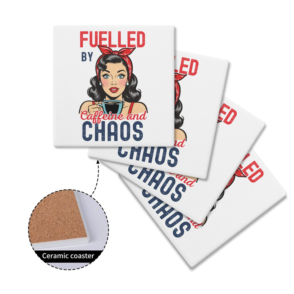 Fuelled By Caffeine And Chaos Retro Woman Square Ceramic Coasters 4 Pcs Square Ceramic Coaster 4pcs Printed Offshore