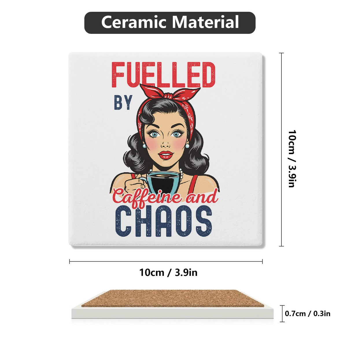 Fuelled By Caffeine And Chaos Retro Woman Square Ceramic Coasters 4 Pcs Square Ceramic Coaster 4pcs Printed Offshore