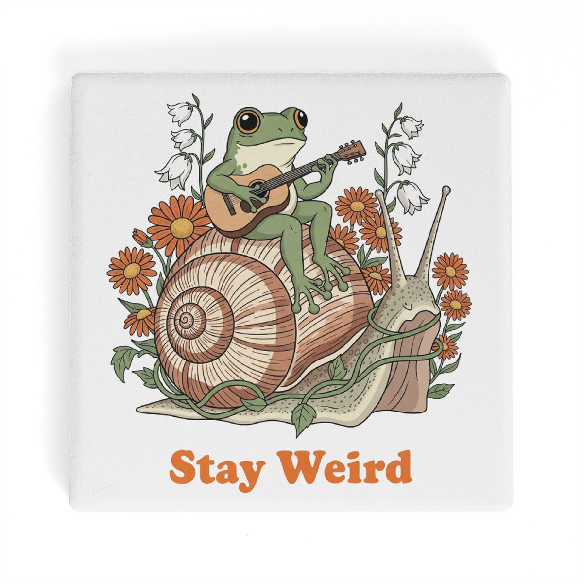 Stay Weird Guitar Playing Frog On Snail Square Ceramic Coasters 4 Pcs Square Ceramic Coaster 4pcs Printed Offshore