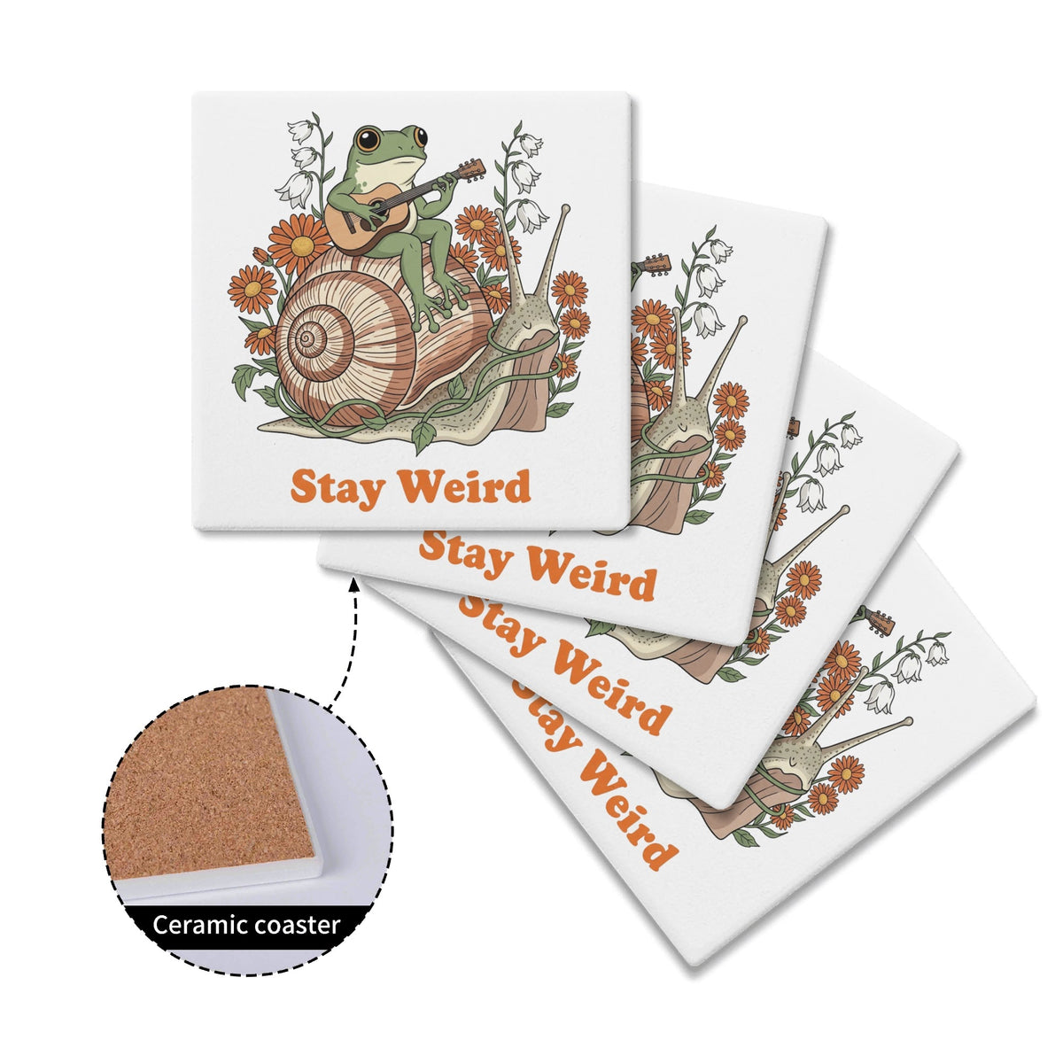 Stay Weird Guitar Playing Frog On Snail Square Ceramic Coasters 4 Pcs Square Ceramic Coaster 4pcs Printed Offshore