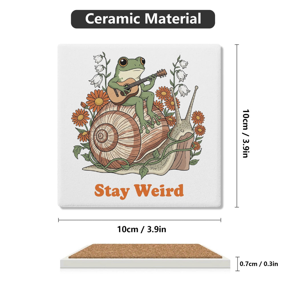 Stay Weird Guitar Playing Frog On Snail Square Ceramic Coasters 4 Pcs Square Ceramic Coaster 4pcs Printed Offshore