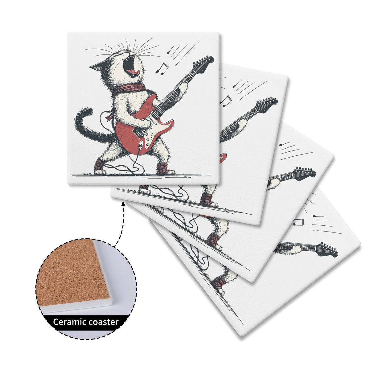 Cat Playing Guitar Square Ceramic Coasters 4 Pcs Square Ceramic Coaster 4pcs Printed Offshore