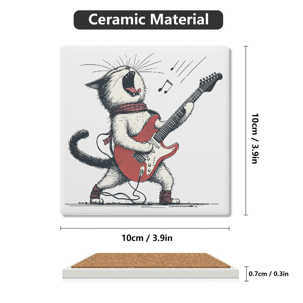 Cat Playing Guitar Square Ceramic Coasters 4 Pcs Square Ceramic Coaster 4pcs Printed Offshore