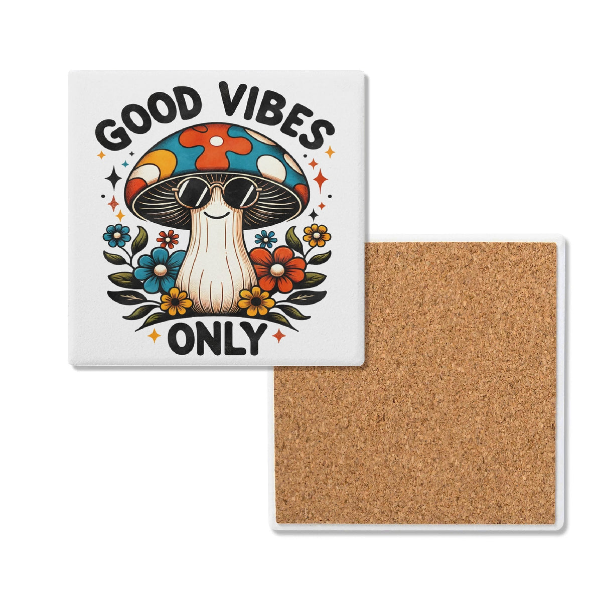 Hippie Mushroom Good Vibes Only Square Ceramic Coasters 4 Pcs Default Title Square Ceramic Coaster 4pcs Printed Offshore