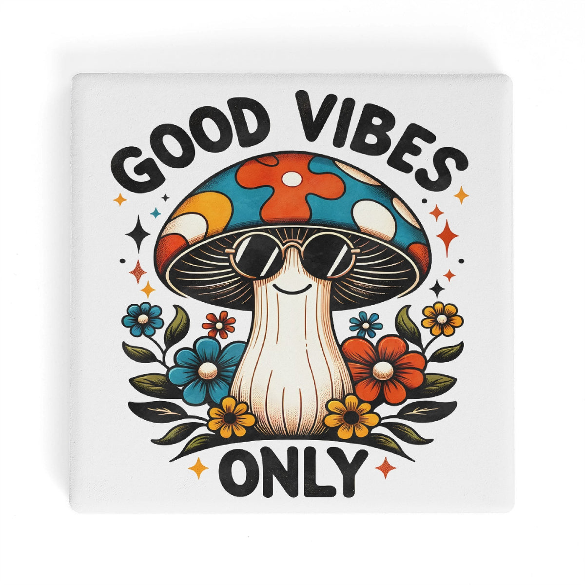 Hippie Mushroom Good Vibes Only Square Ceramic Coasters 4 Pcs Square Ceramic Coaster 4pcs Printed Offshore
