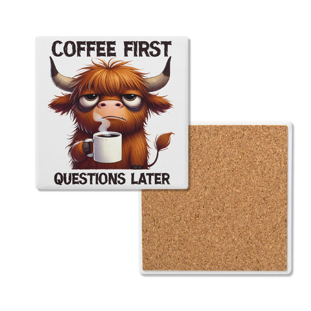 Coffee First Highland Cow Square Ceramic Coasters 4 Pcs Default Title Square Ceramic Coaster 4pcs Printed Offshore