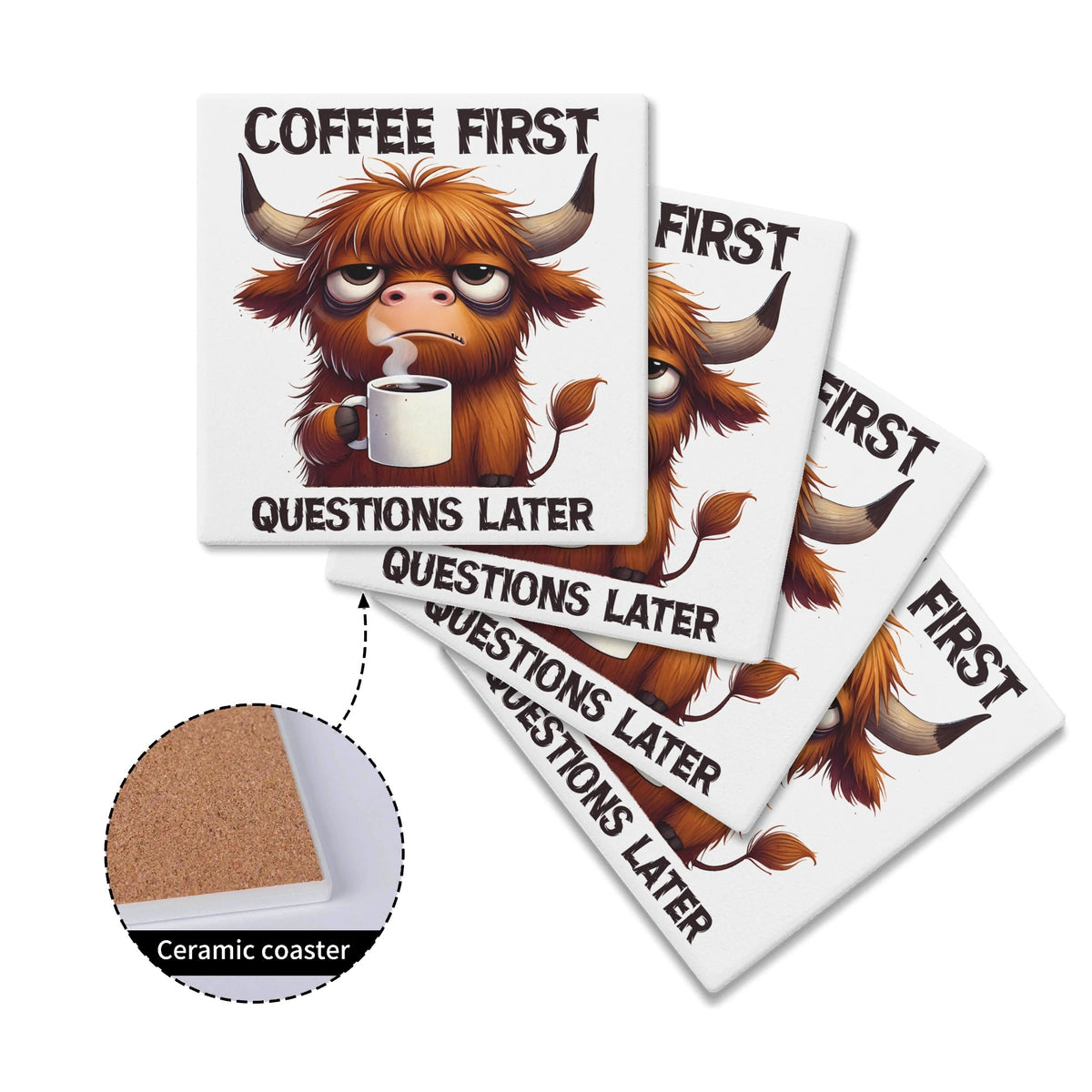 Coffee First Highland Cow Square Ceramic Coasters 4 Pcs Square Ceramic Coaster 4pcs Printed Offshore